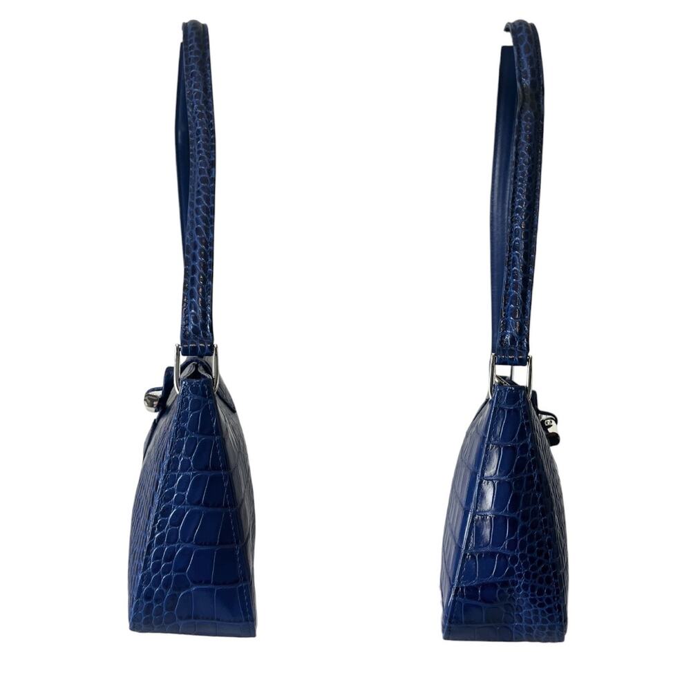 Longchamp Roseau Blue Croc Embossed Shoulder Bag Vintage Y2K Bamboo Toggle - Picture 8 of 11